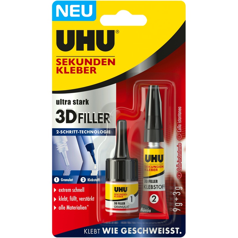 UHU Klebstoff Sekundenkleber K 3D-FILLER 9G + 3G