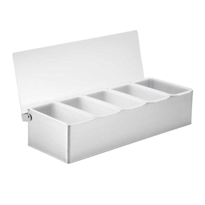TableCraft Condiment Holder, 5 Compartment, Stainless Steel w Clear Lid