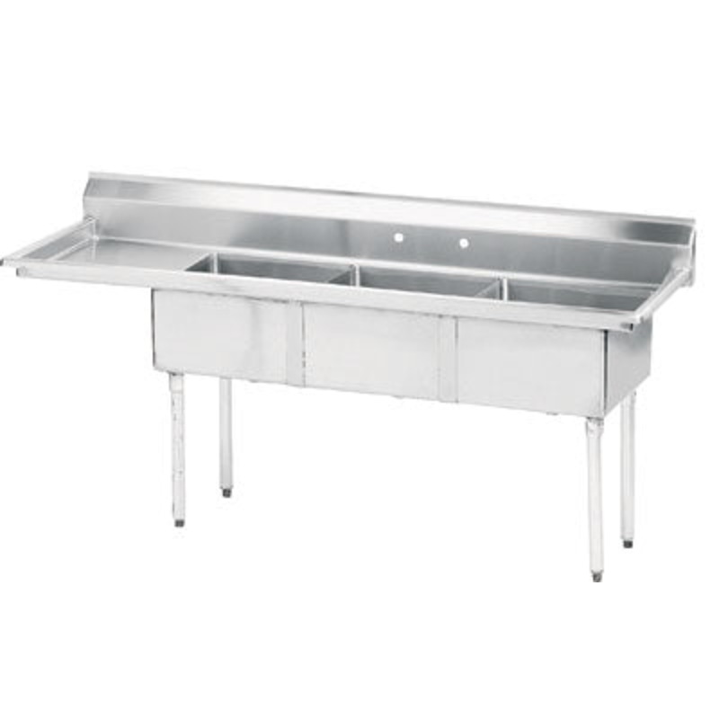 Advance Tabco FE-3-1812-18L-X Triple Compartment Center Drain Sink, Left Drainboard, 18" x 18" x 12" Bowl Size, Stainless Steel, FINAL SALE