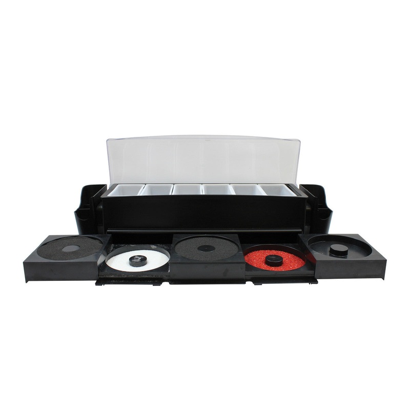 TableCraft Ultimate Garnish Station, 5 Compartment, 2 Caddies, 5 Rimmer Trays, Black