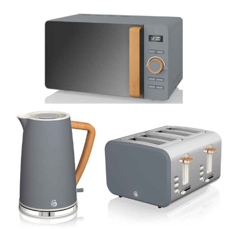 Swan Nordic Grey Kettle 4 Slice Toaster & Microwave Matching Set