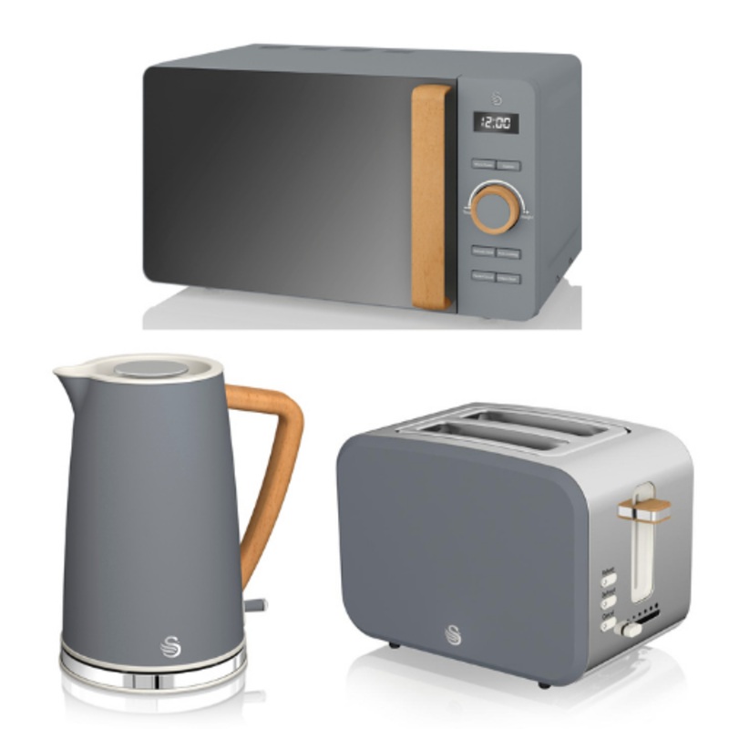Swan Nordic Grey Kitchen Set Kettle, 2 Slice Toaster & Microwave