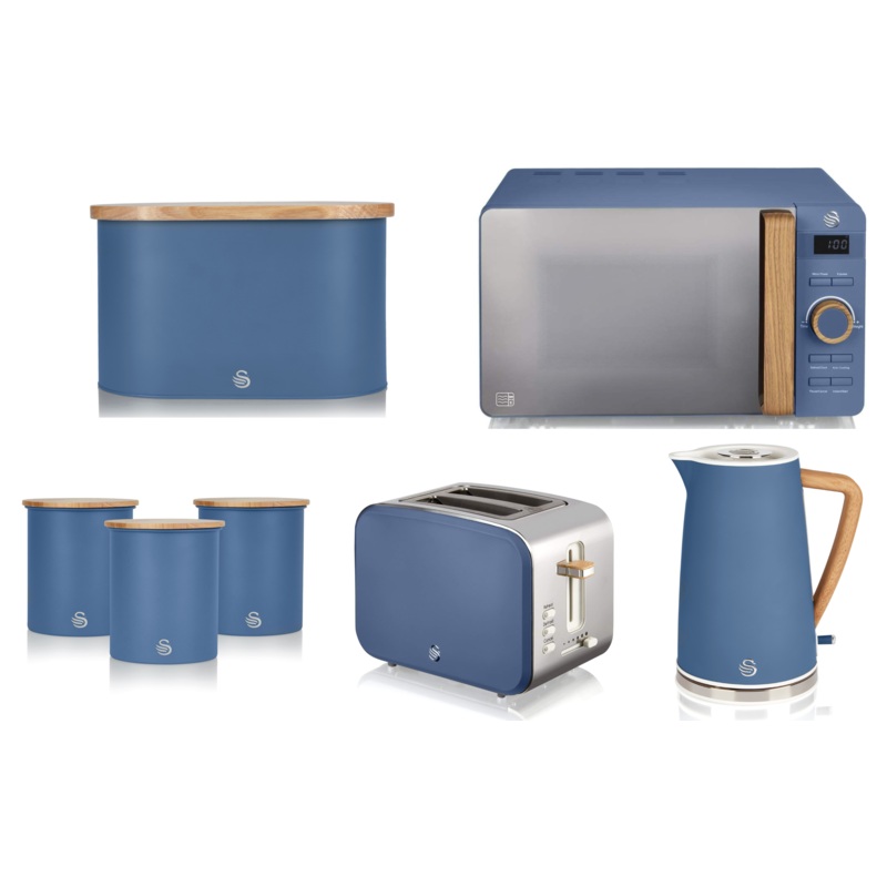 Swan Nordic Style Kitchen Set of 7 in Blue including 1.7L Jug Kettle, 2 Slice Toaster, 800W 20L Digital Microwave, Bread Bin, Tea, Coffee, Sugar Canisters Matching Set
