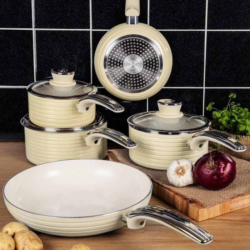 Swan Retro 5 Piece Pan Set in Cream Vintage Kitchen Cookware.5 Year Guarantee