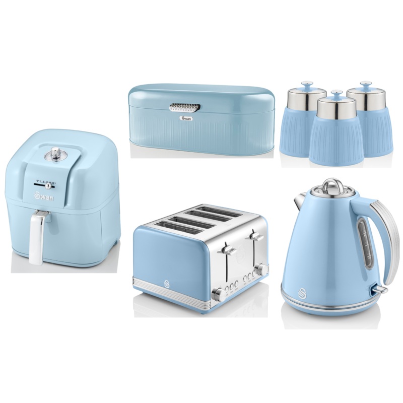 SWAN Retro Blue Set of 7 -Kettle 4 Slice Toaster 6L Air Fryer Breadbin Canisters