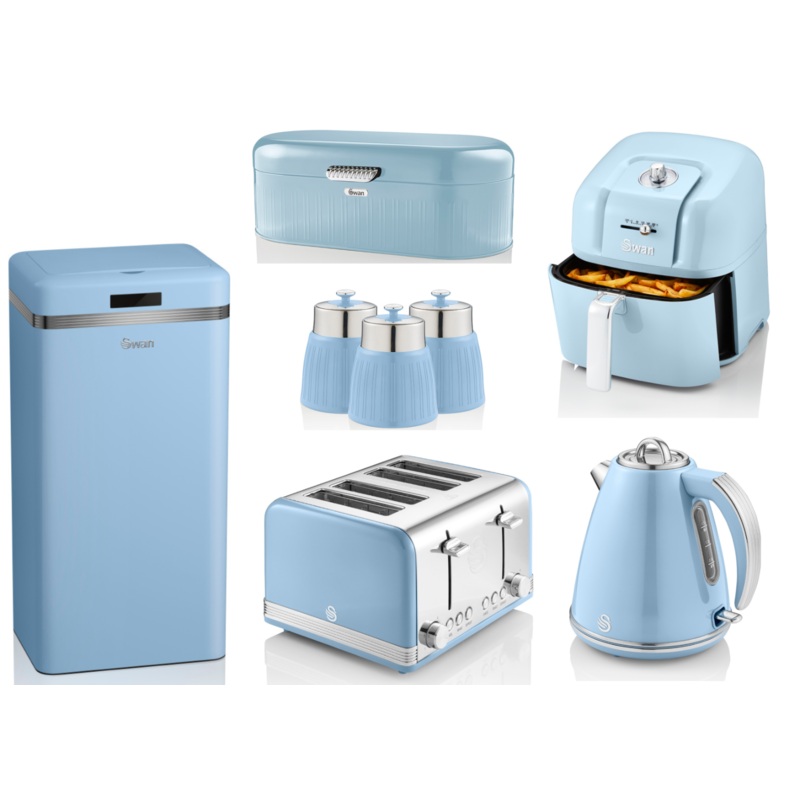 SWAN Retro Blue Set of 8 Kettle Toaster Air Fryer Sensor Bin Breadbin Canisters