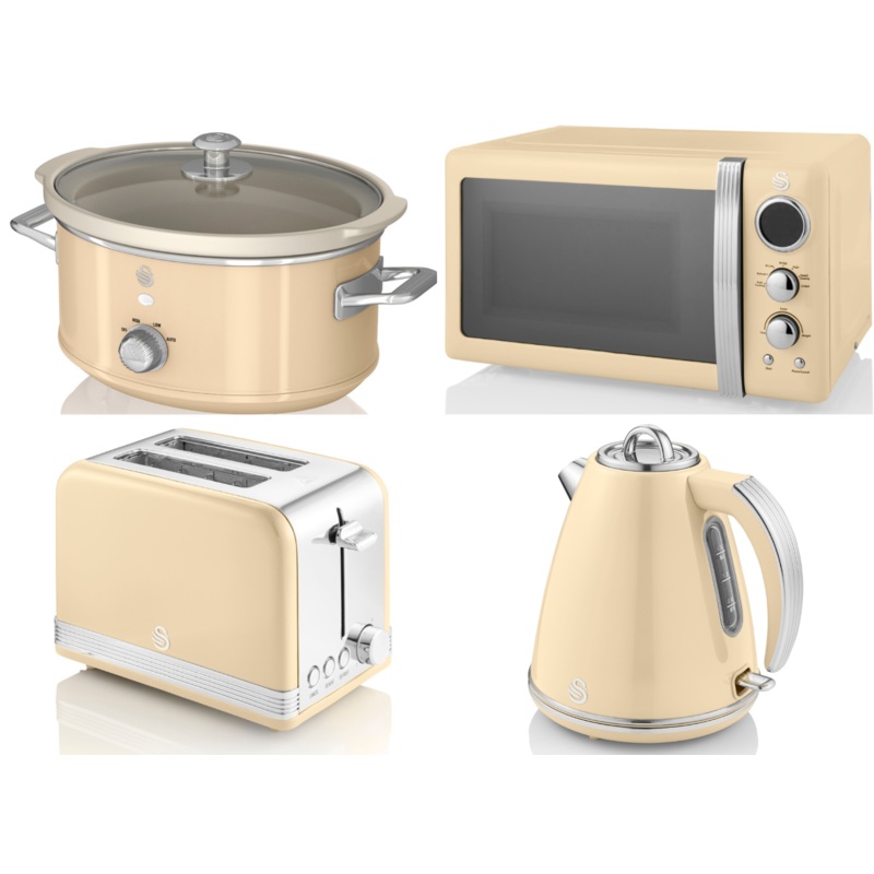 Swan Retro Cream Jug Kettle 2 Slice Toaster 800W Microwave & 3.5L Slow Cooker