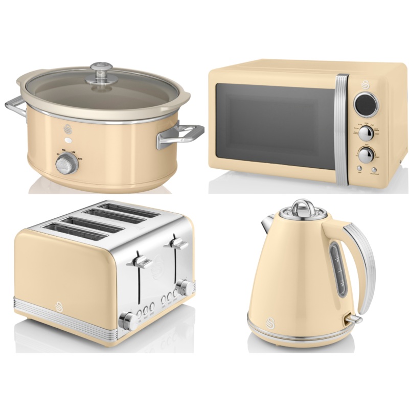 Swan Retro Cream Jug Kettle 4 Slice Toaster 800W Microwave 3.5L Slow Cooker Set