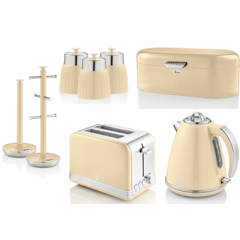 Swan Retro Cream Kettle Toaster Bread Bin Canisters Mug Tree Towel Pole Set of 8