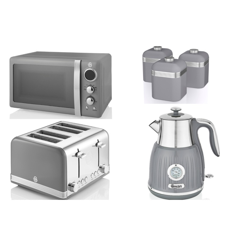 Swan Retro Grey 1.5L 3KW Dial Kettle, 4 Slice Toaster, 800W 20L Microwave & Canisters Kitchen Set