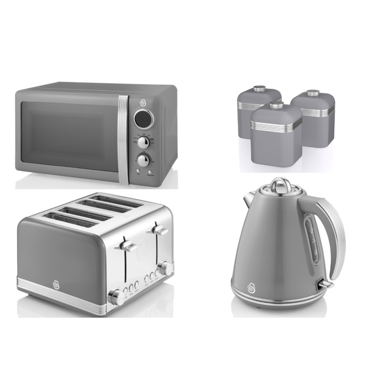 SWAN Retro Grey 1.5L 3KW Jug Kettle, 4 Slice Toaster, 800W 20L Microwave & 3 Canisters Matching Kitchen Set