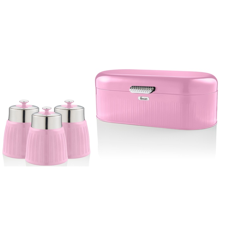 SWAN Retro Pink Bread Bin Tea, Coffee & Sugar Canisters Kitchen Storage Set
