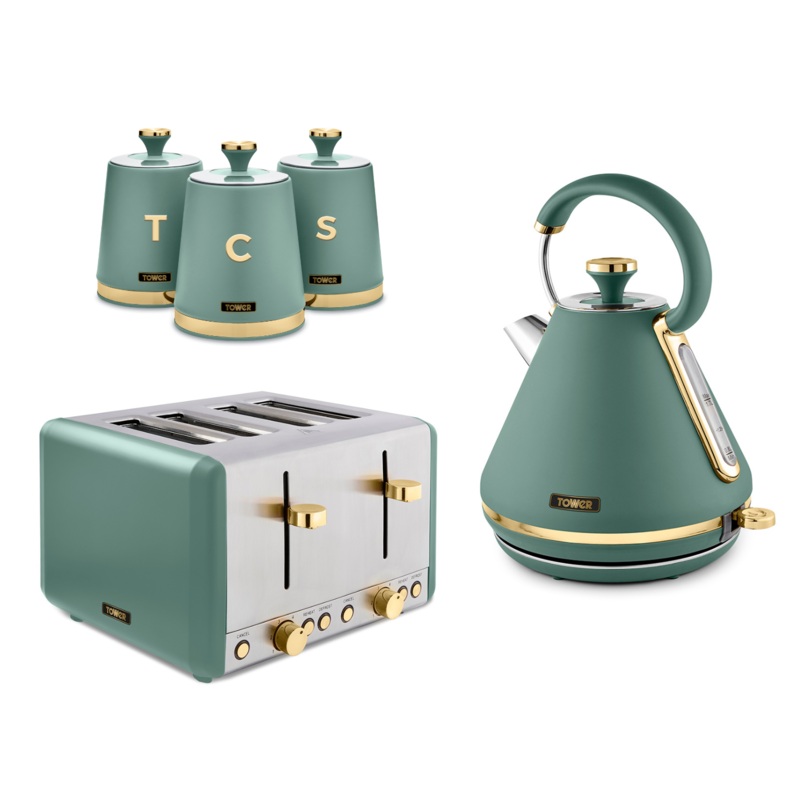 Tower Cavaletto 1.7L 3KW Pyramid Kettle, 4 Slice 1600W Toaster & Tea, Coffee & Sugar Canisters Matching Set