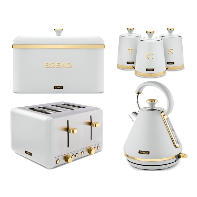 Tower Cavaletto 1.7L 3KW Pyramid Kettle, 4 Slice Toaster, Breadbin & Canisters White & Champagne Gold Matching Set