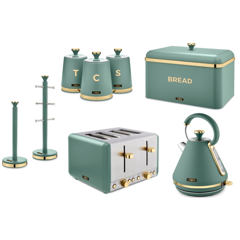 Tower Cavaletto Jade 1.7L 3KW Pyramid Kettle, 4 Slice Toaster, Bread Bin, Tea, Coffee & Sugar Canisters, Mug Tree & Towel Pole Kitchen Set of 8