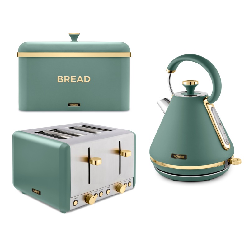 Tower Cavaletto Kettle 4 Slice Toaster & Bread Bin in Jade & Champagne Gold