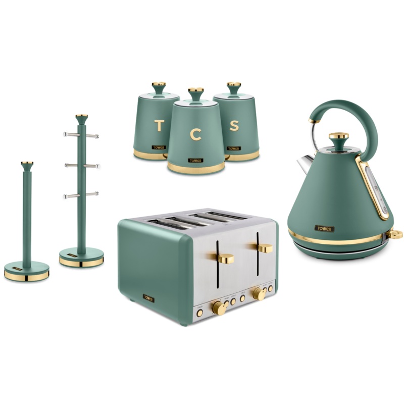 Tower Cavaletto Kettle 4 Slice Toaster Canisters Mug Tree & Towel Pole in Jade