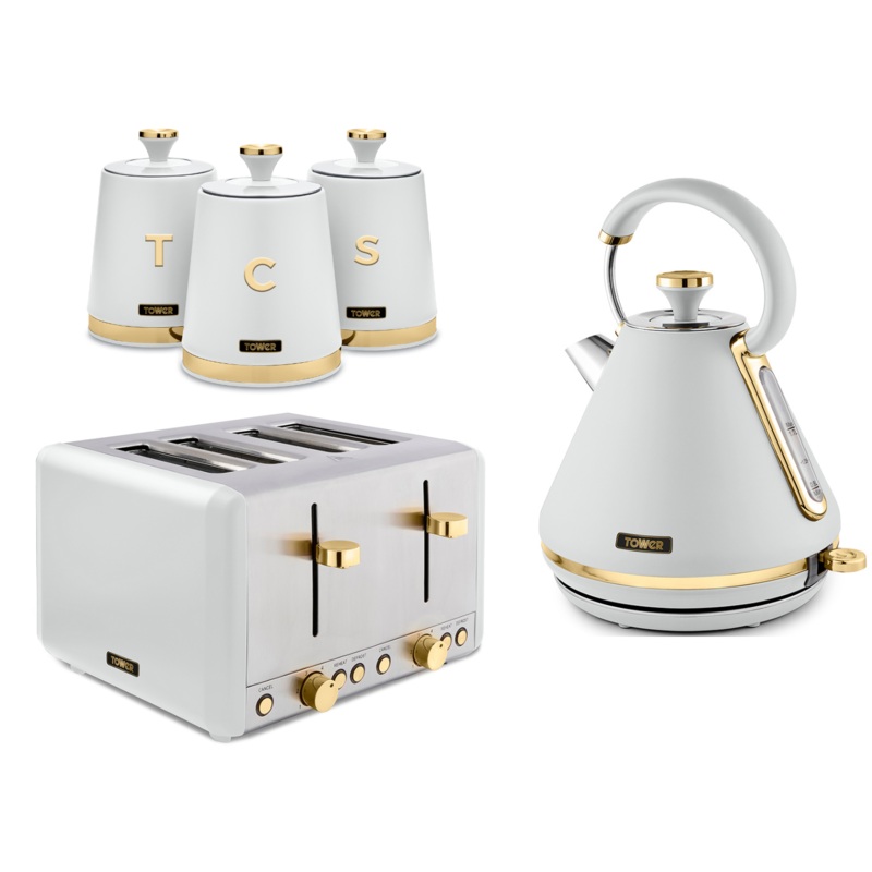 Tower Cavaletto Kettle 4 Slice Toaster & Canisters Set in White/Champagne Gold