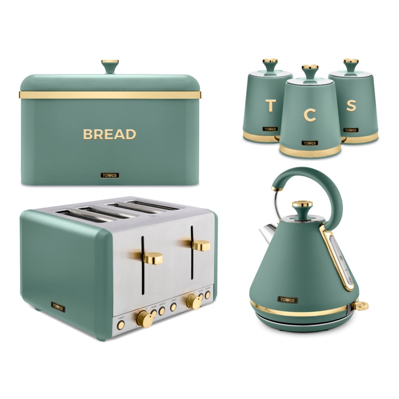 Tower Cavaletto Kettle Toaster Bread Bin 3 Canisters Set in Jade & Champagne Gold