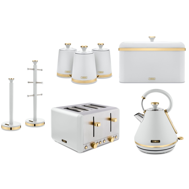 Tower Cavaletto White 1.7L 3KW Pyramid Kettle, 4 Slice Toaster, Bread Bin, Canisters, Mug Tree & Towel Pole Matching Kitchen Set of 8