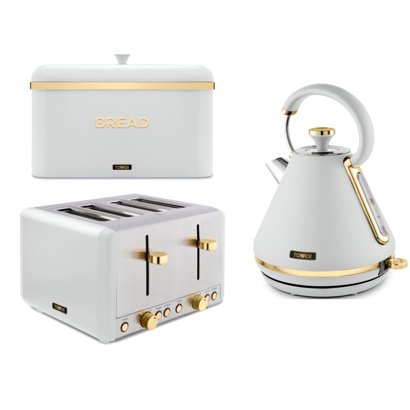 Tower Cavaletto White 1.7L 3KW Pyramid Kettle , 4 Slice Toaster & Breadbin Set