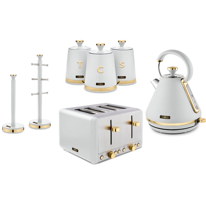 Tower Cavaletto White Kettle 4 Slice Toaster Canisters Mug Tree & Towel Pole Set of 7