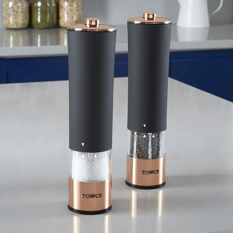 NEW Electric Salt & Pepper Grinder Set Black & Rose Gold LED Illuminated Base