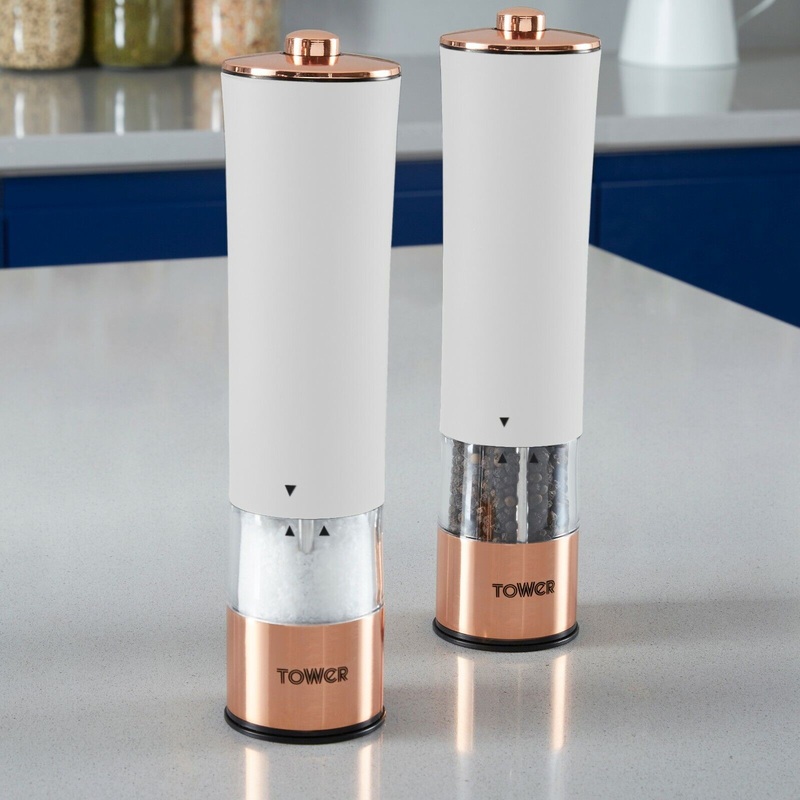 NEW Electric Salt & Pepper Grinder Set White & Rose Gold LED Illuminated Base