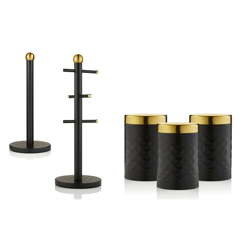 SWAN Gatsby Black Vintage Kitchen Storage Set 3 Canisters Mug Tree Towel Pole