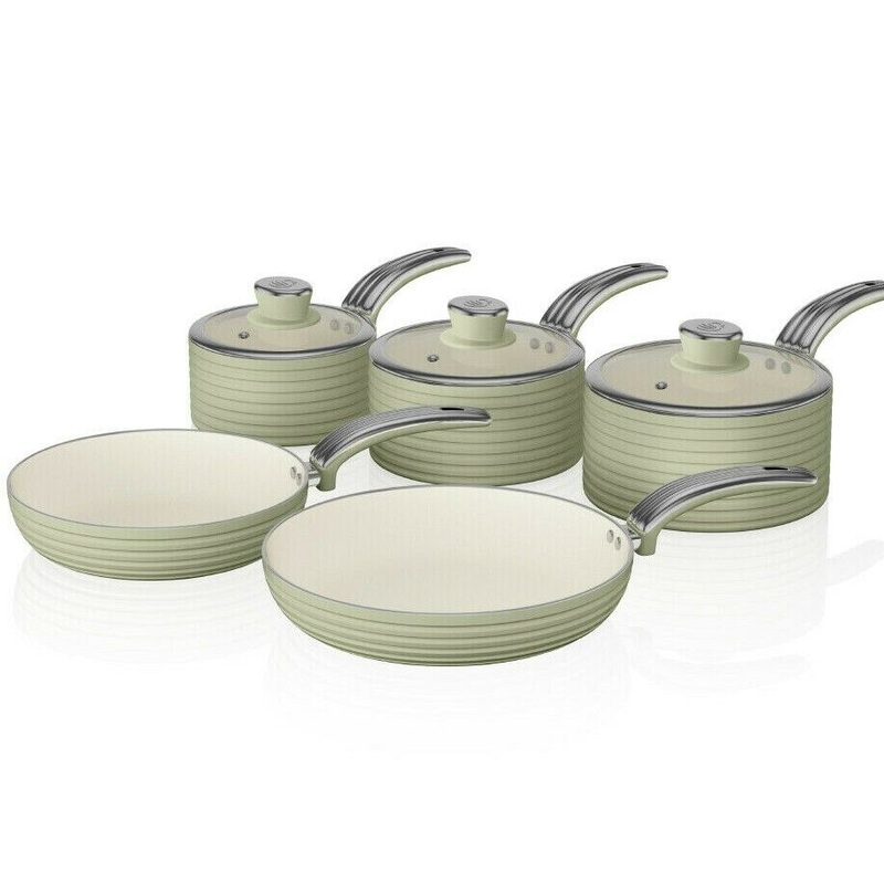 Swan Retro 5 Piece Pan Set Green. Vintage Kitchen Cookware. 2 Year Guarantee