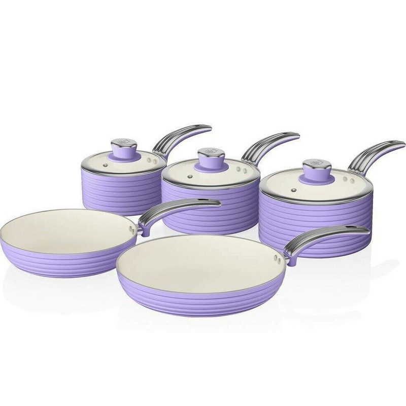 Swan Retro 5 Piece Pan Set Purple. Vintage Kitchen Cookware. 2 Year Guarantee