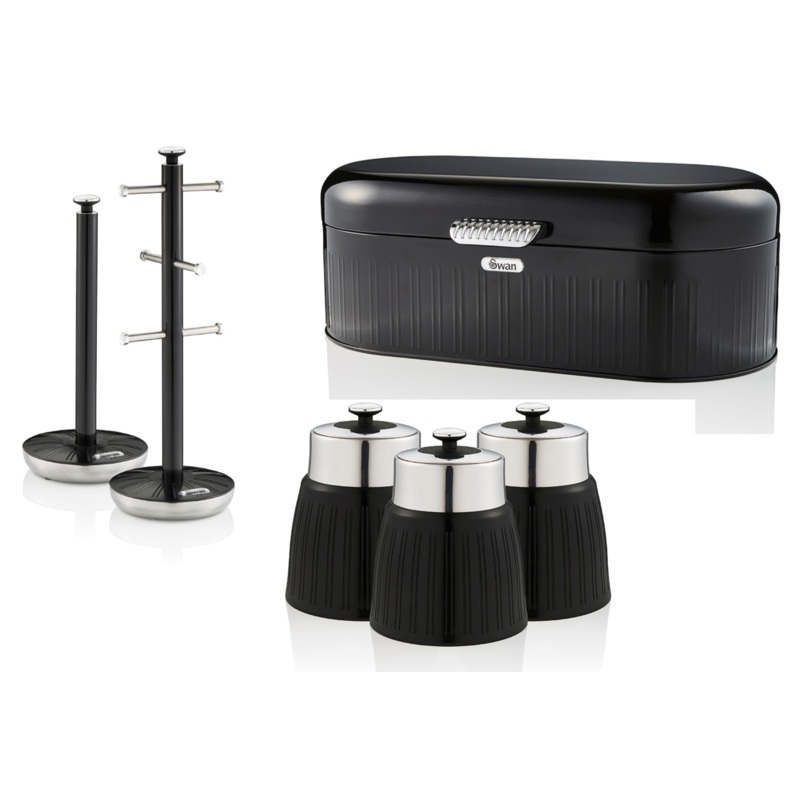 Swan Retro Black Bread Bin, Tea Coffee, Sugar Canisters, Mug Tree & Towel Pole Kitchen Storage Set