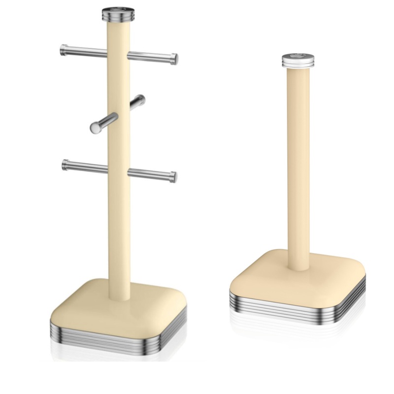 SWAN Retro Cream Mug Tree & Paper Towel Holder. Vintage Retro Design Mug Tree & Towel Pole Kitchen Storage Set in Cream