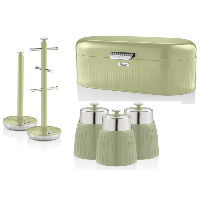Swan Retro Green Bread Bin 3 Canisters Mug Tree & Towel Pole Kitchen Storage Set