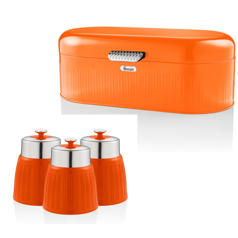 SWAN Retro Orange Bread Bin & Canisters Vintage Design Kitchen Storage Set of 4