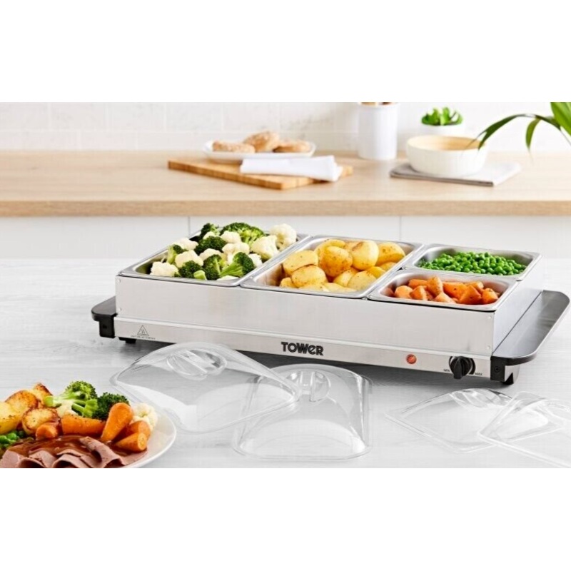 Tower 300W 4 Tray Buffet Server  Food / Plate Warmer Adjustable Temperature