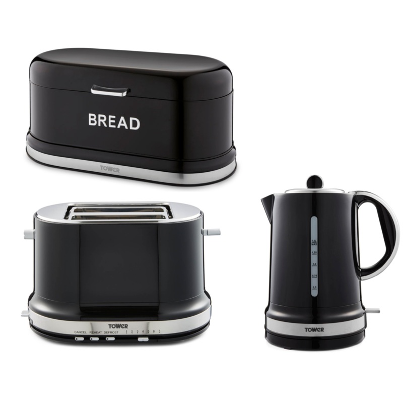 Tower Belle Noir Kettle 2 Slice Toaster & Bread bin Kitchen Set in Black