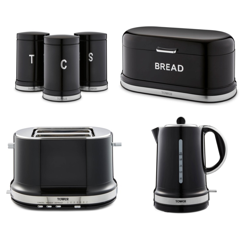 Tower Belle Noir Kettle, 2 Slice Toaster, Breadbin & Canisters Kitchen Set of 6 in Black