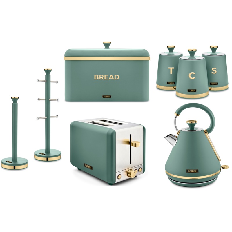 Tower Cavaletto 1.7L 3KW Pyramid Kettle, 2 Slice Toaster, Bread Bin, Canisters, Mug Tree & Towel Pole Set of 8 in Jade & Gold