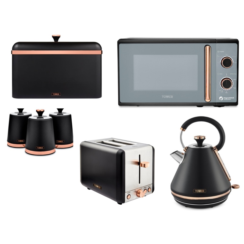 Tower Cavaletto Black Kettle 2 Slice Toaster Microwave Bread Bin & Canisters Set