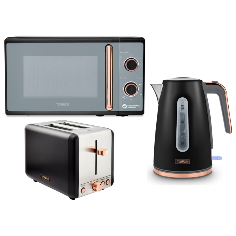 Tower Cavaletto Black/Rose Gold Jug Kettle 2 Slice Toaster Microwave Kitchen Set
