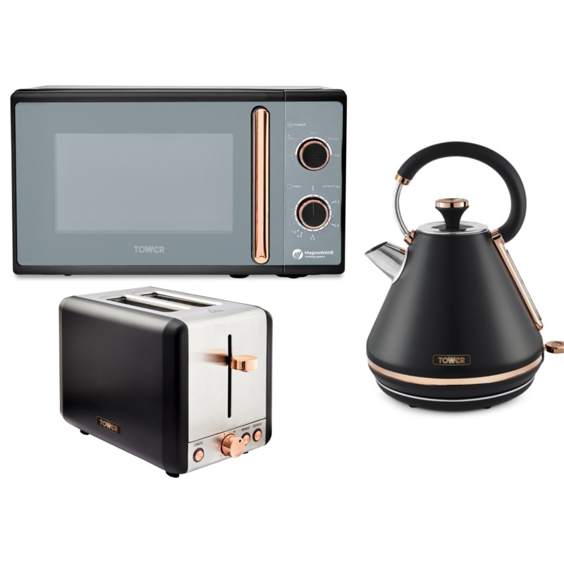 Tower Cavaletto Black & Rose Gold Pyramid Kettle 2 Slice Toaster & Microwave Set