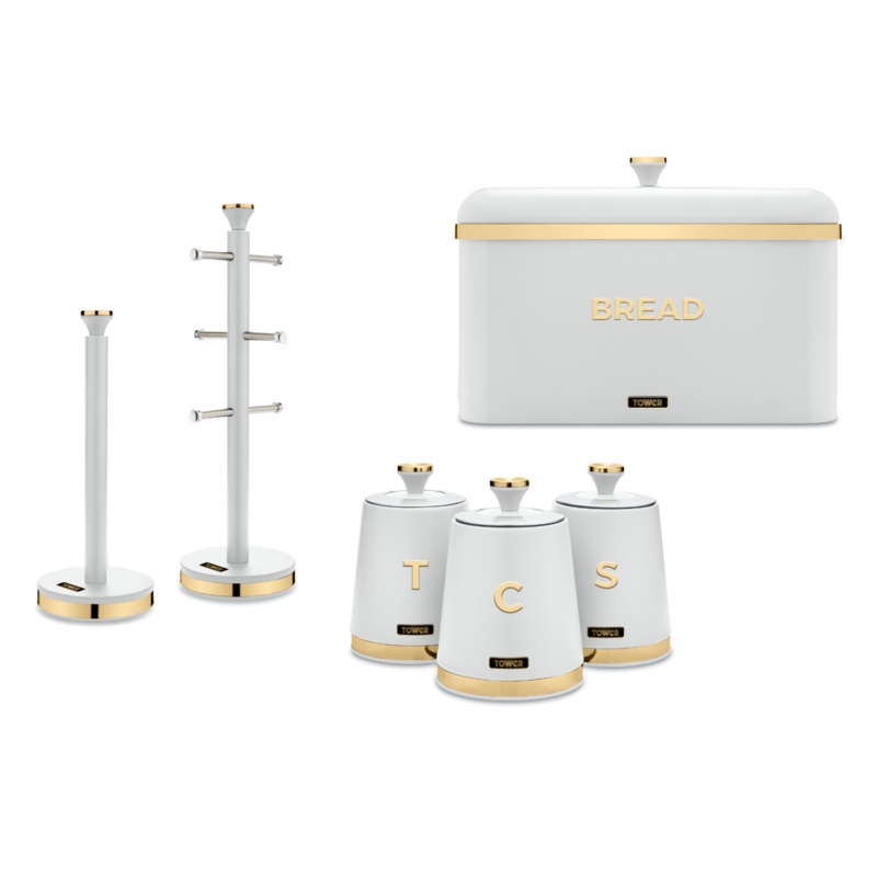 Tower Cavaletto Bread Bin 3 Canisters Mug Tree Towel Pole Kitchen Storage Set in White with Gold Accents