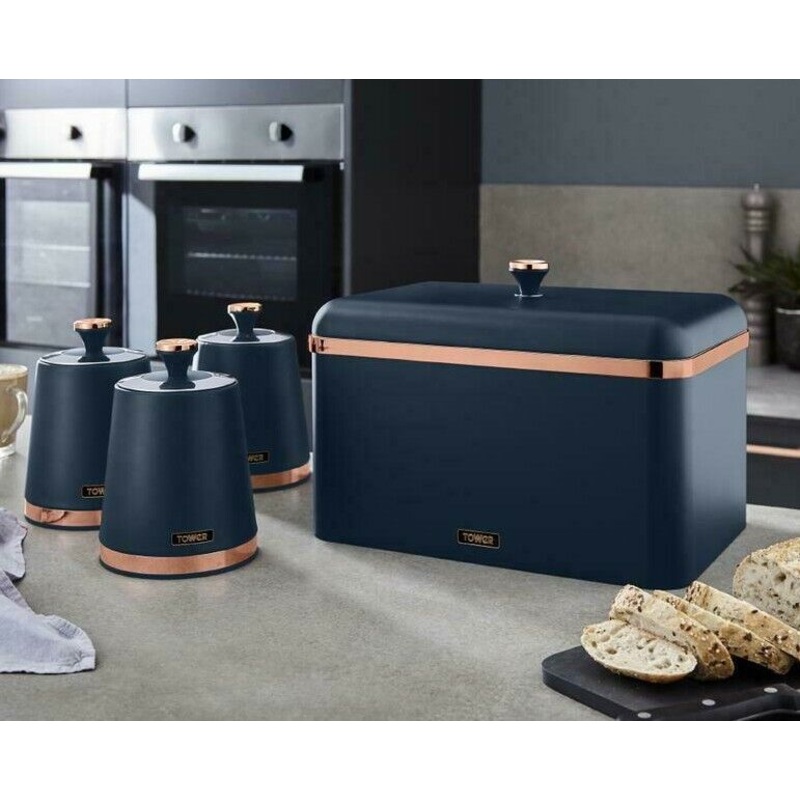 Tower Cavaletto Bread Bin Canisters Matching Kitchen Storage Set in Midnight Blue & Rose Gold