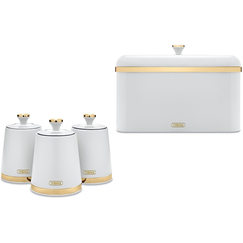 Tower Cavaletto Bread Bin Canisters Storage Set in White & Champagne Gold