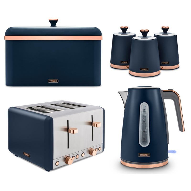 Tower Cavaletto Contemporary Kitchen Set of 6 Items in Midnight Blue & Rose Gold