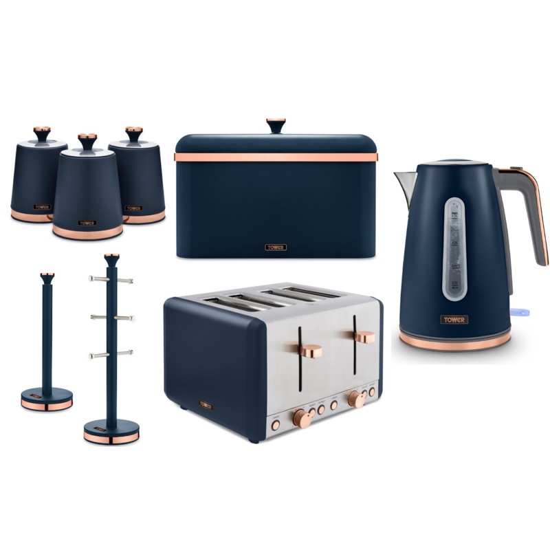 Tower Cavaletto Contemporary Kitchen Set of 8 Items in Midnight Blue & Rose Gold