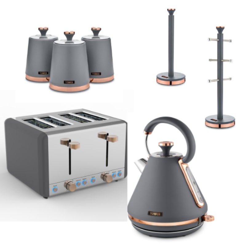 TOWER Cavaletto Grey Kettle 4 Slice Toaster 3 Canisters Mug Tree & Towel Pole Set of 7