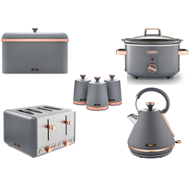 Tower Cavaletto Grey Kettle, 4 Slice Toaster, Slow Cooker, Breadbin & Canisters