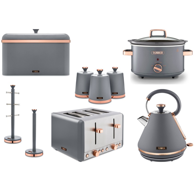 Tower Cavaletto Grey Kettle, 4 Slice Toaster, Slow Cooker & Storage Set 9 items